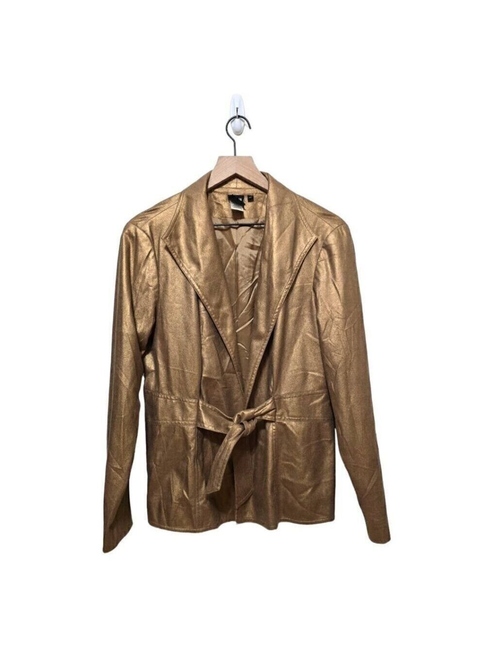 Sharon Young Vintage Gold Faux Crackled Leather Soft Shell Belted Jacket Sz 12